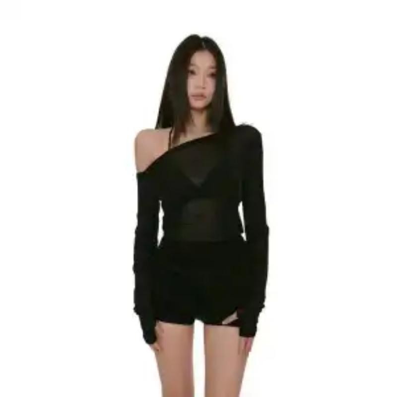 Top Kawaii Hot Girl a Spalle Scoperte in Rete a Maniche Lunghe Trasparente Slim Scollo all'Americana Moda Casual Y2K Camicetta