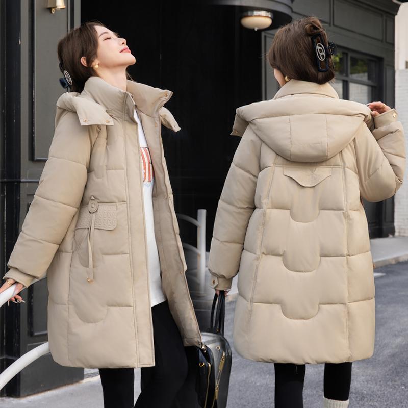 Comfortable and Fashionable Korean Style Plus Size Hooded Long Down Cotton Coat with Large Pockets