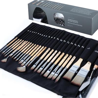 24 Stück Pinselset, Expert Series, Verbessertes Synthetikpinselset mit Stoffrolle und Palettmesser für Acryl, Öl, Aquarell