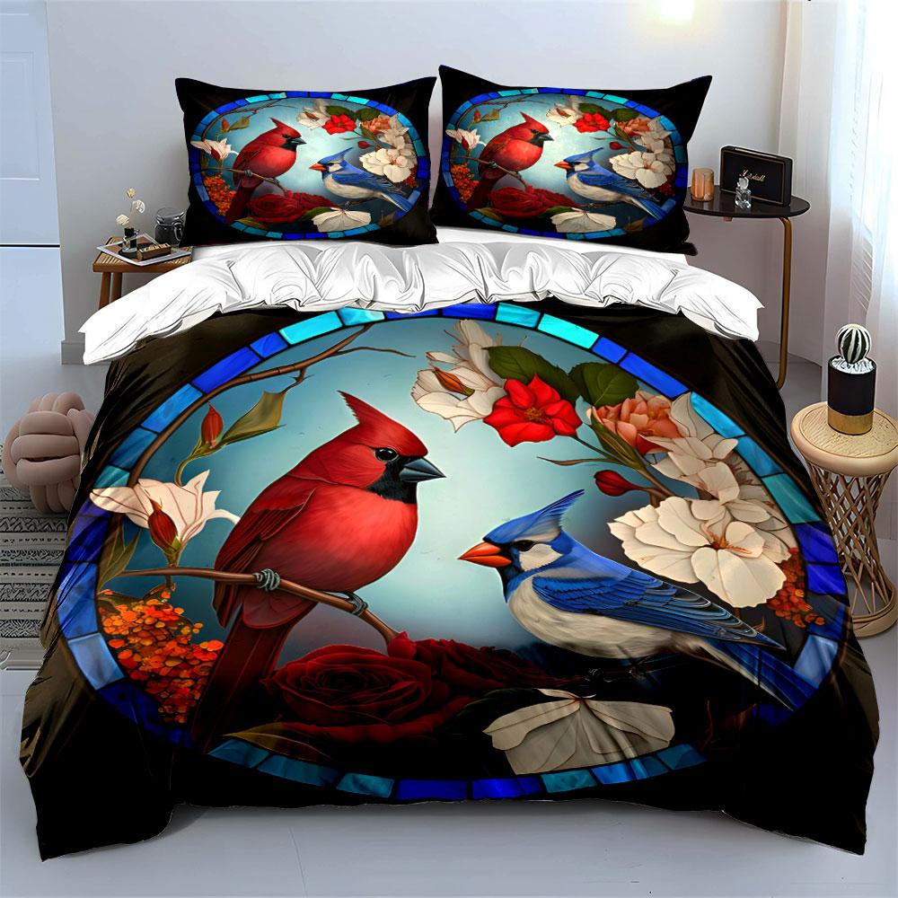 Bird-Themed Stained Glass Art Set Exquisite Three-piece Bedding Set Gift for Kids and Adults