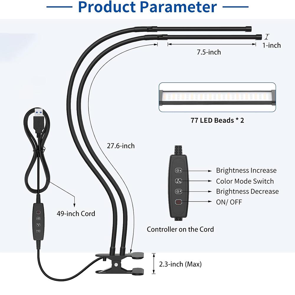 10W LED Desk Lamp with Clamp Dimmable Clip On Reading Light 10 Brightness Level 3 Lighting Modes Flexible Study Table Lamp USB