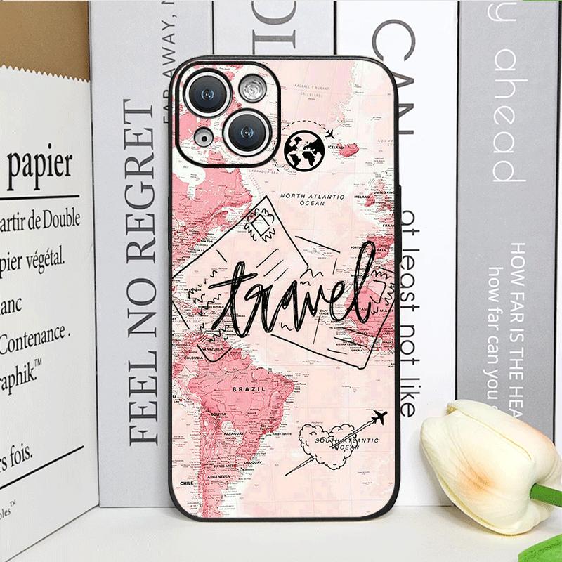Pink World Map Travel Label Printed Phone Case for IPhone 16 15 14 11 Pro Max 13 12 Mini XR XS X 7 8 Plus SE20 Soft Cover Fundas