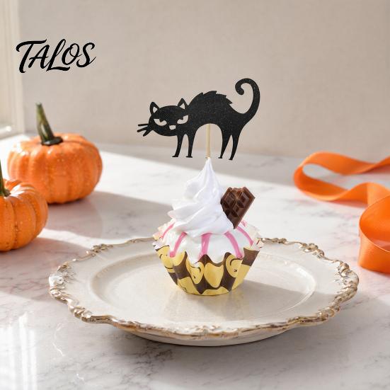 Halloween Themed Cake Accessory 8 Pcs Cat Cupcake Topper, Black Cute Kitten Silhouette Topper Food Pick for Baby Shower Birthday Wedding Party
