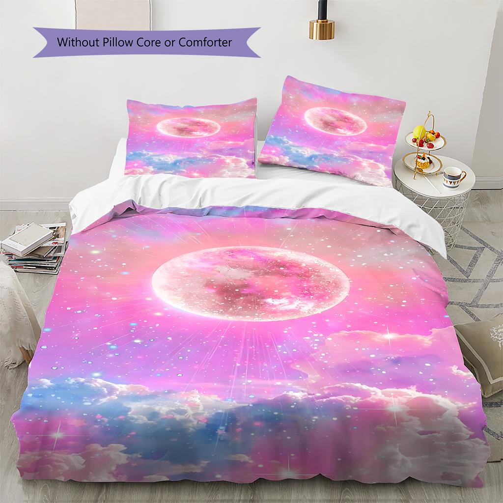 Galaxy Moon Pattern Bedding Quilt Set Quilt Cover Pillowcase Home Decoration Gift (1 * Duvet Cover + 2 * Pillowcase, Without Core)