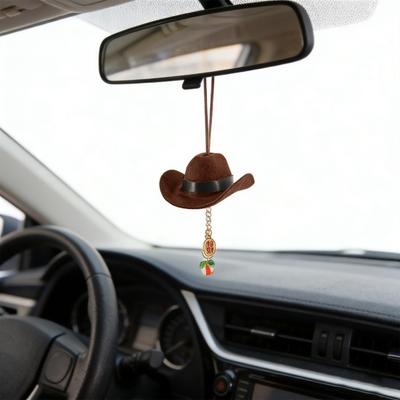Cowboy Hat Pendant Car Mirror Cap Western Style Fabric Car Ornament for Men Women Soft Texture Rearview Decoration Vehicle Interior Accessory Driving