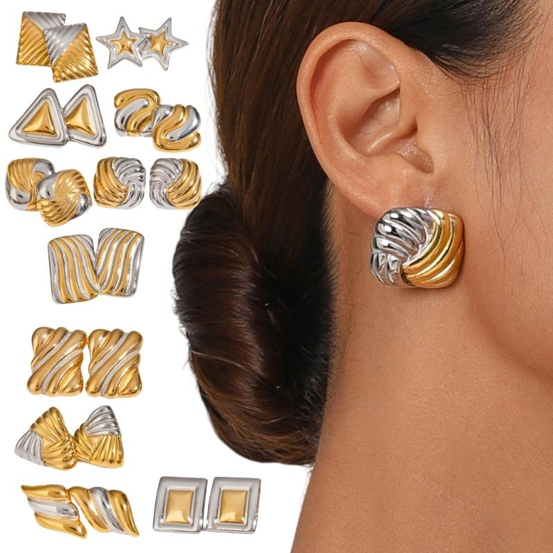 Handmade Gold Silver Geometric Studs Earrings Comfortable Ear Accessories Alloy Jewelry for Women Daily Or Party Wear