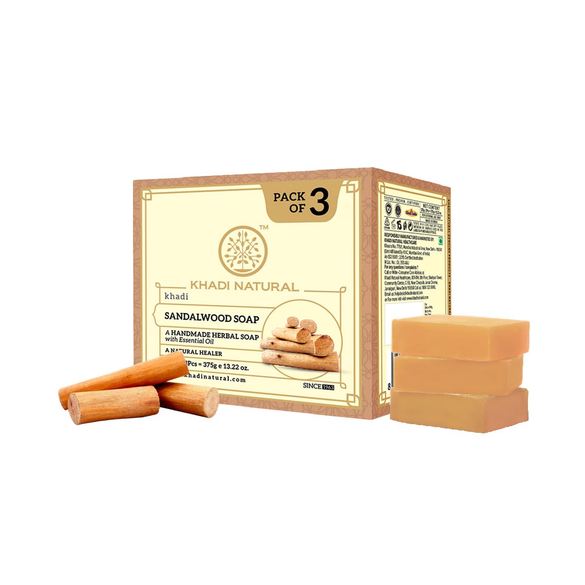 

Khadi Natural Sandalwood Bath Soap Bar With Essential Oils For Smooth Soft Skin Gentle Daily Cleansing Pack Of 1 (125g x 3 pcs)