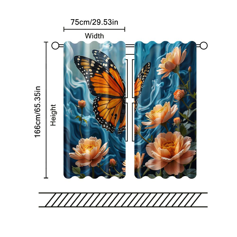 Set Of 2 Filtering Curtains Excluding Rods Non Movable Without Batteries Butterfly Flowers Use Bedrooms Living Made Polyester Bedroom Window Treatment
