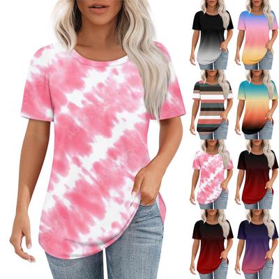 T-Shirts für Damen, plissiert, Rundhalsausschnitt, elegant, lässig, Blusen, bedruckt, kurzärmelig, Sommeroberteile, lockere Passform