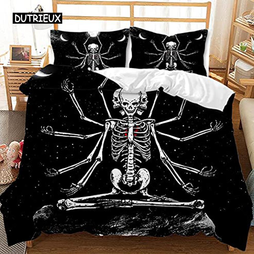 Bedding Set Colorful Skull Bedding Black Neon Skeleton Bed Cover 3 Piece Galaxy Duvet Cover Gothic Bedspread
