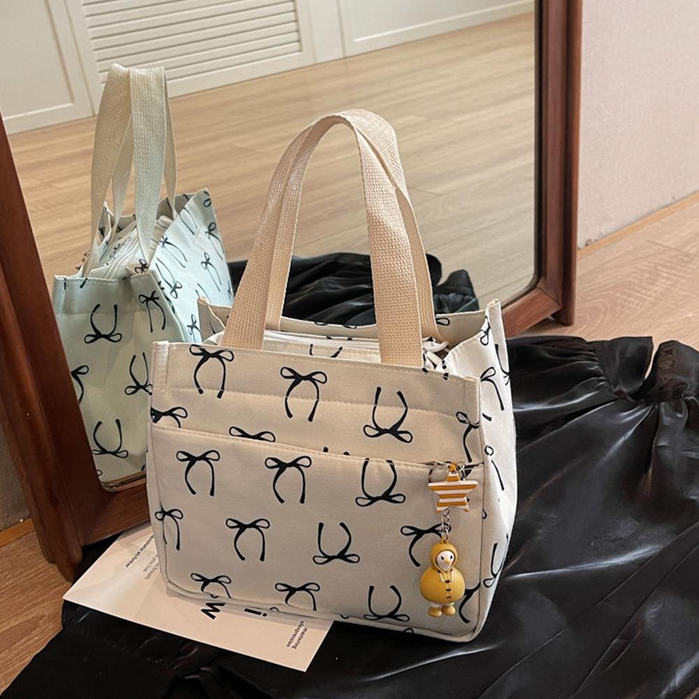 Canvas Lunch Bag with Handle Bow Print Tote Bag Lightweight Hobo Bag for Women Girls School Office Meal Prep Bag Cute Lunch Bag