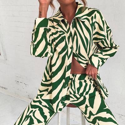 Autumn Elegant Long Sleeve Top And Elastic High Waist Trousers Suit Trouser Suits Loose Stripe Women Shirt Pants Two Piece Set