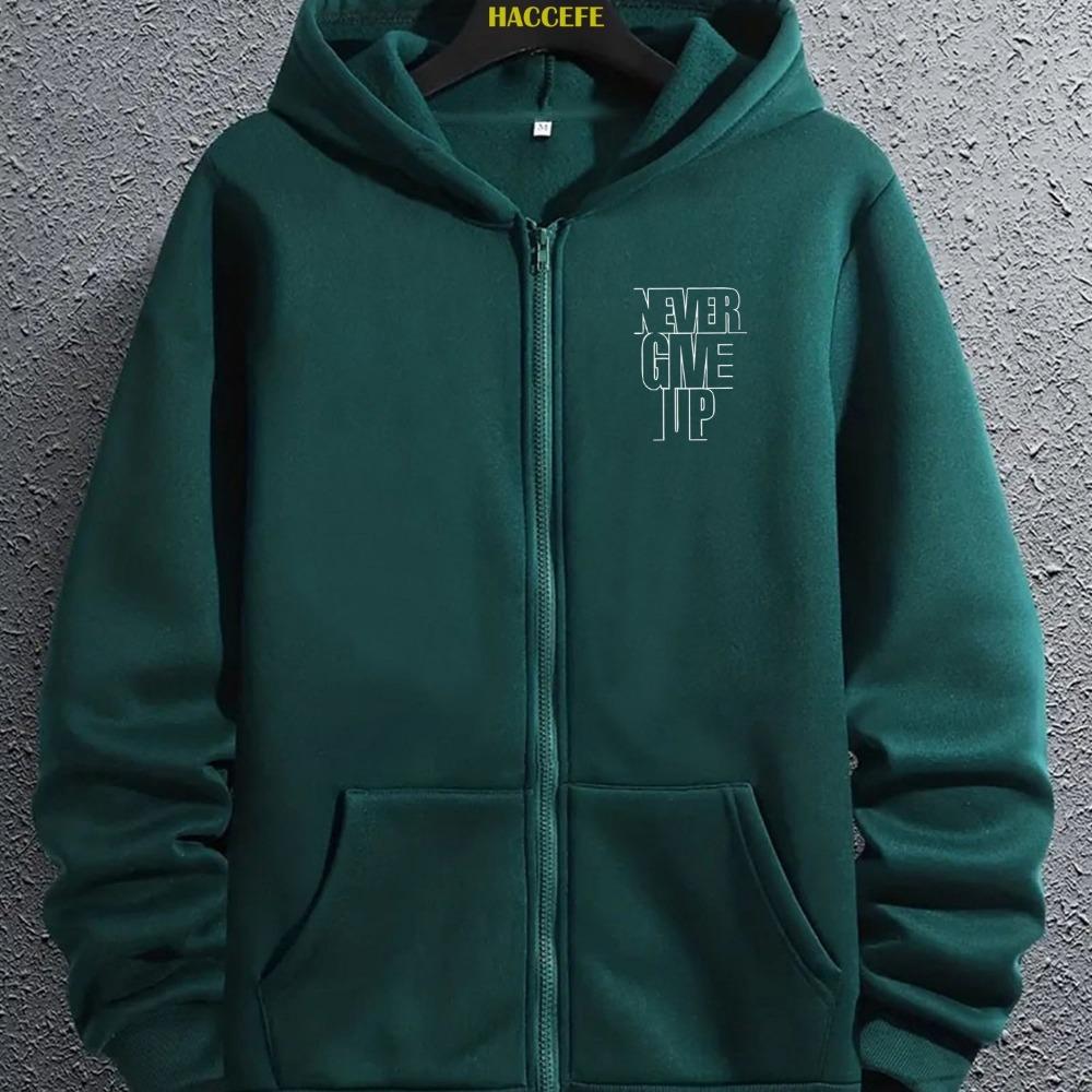 Men'S Zip Up Hoodie Never Give Up Motivational Jacket, Full Zip Closure Hooded Sweatshirt, Front