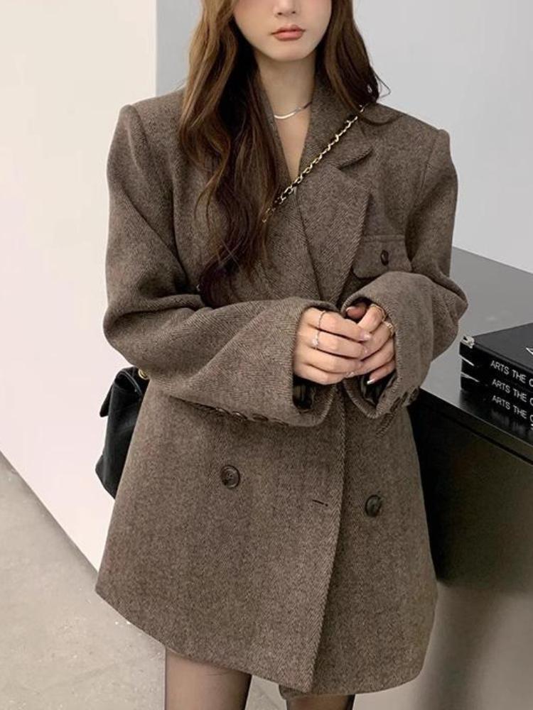 New Korean Chic Elegant Reversible Cashmere Coat Women Autumn Winter Loose Woolen Blazer Jackets Short Streetwear Clothes S коричневый