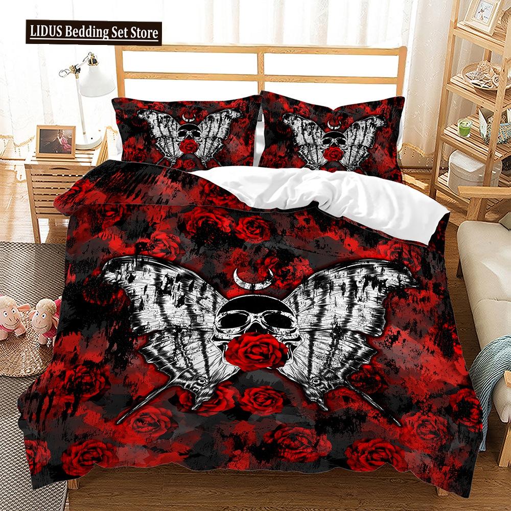 Skull Duvet Cover Set Butterfly Pattern Dark Purple Background King Queen Size For Kids Boys Girls Bedding Set With Pillowcases