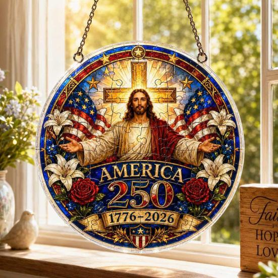 Acrylic Jigsaw Puzzle Suncatcher, US 250th Anniversary DIY Sun Catcher Kit, Stained Glass Style Patriotic Window Hanging Ornament for Independence Day