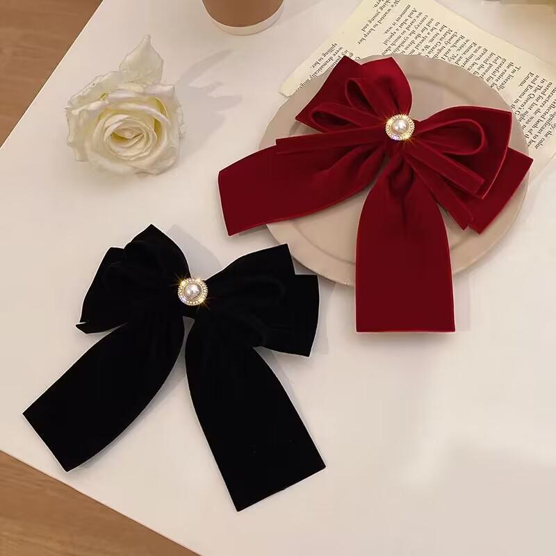 

Velvet Bow Pearl Inlaid Hair Clip: Japanese & Korean Style