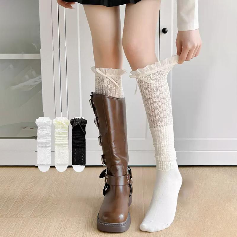 Japansk Söt Spetskantad Knähög Strumpa Med Rosett För Kvinnor