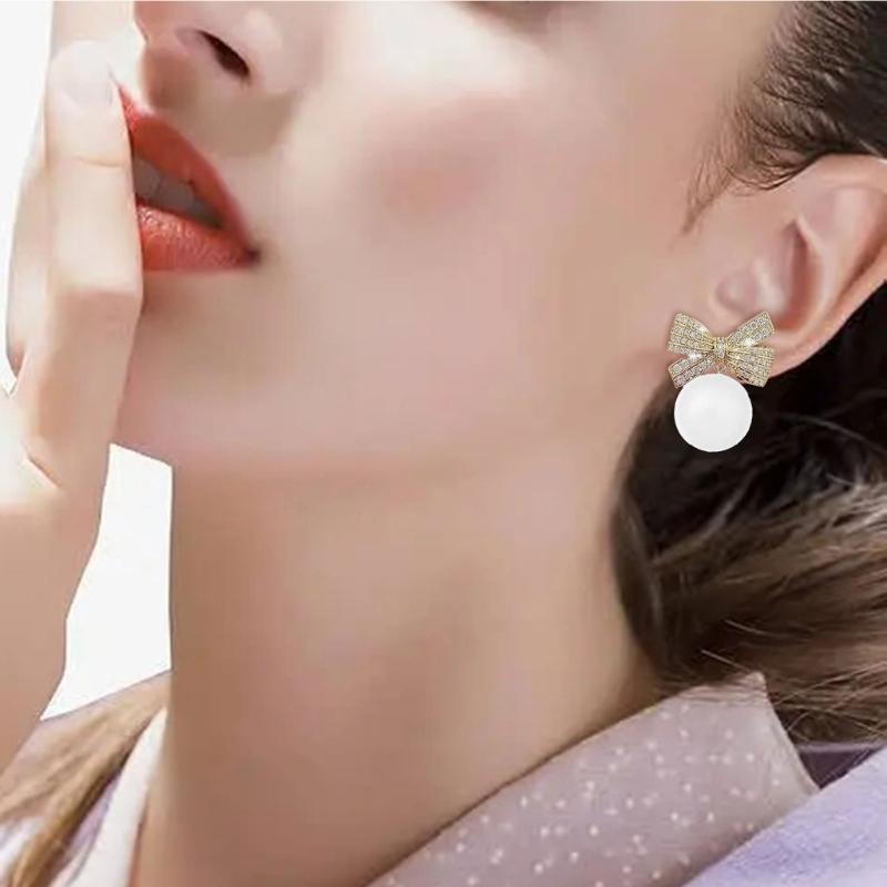 Exquisite Pearls and Diamond Dangle Earrings Charming Women' Bowknot Diamond Earrings Ornament Stylish Ear Studs Jewelry