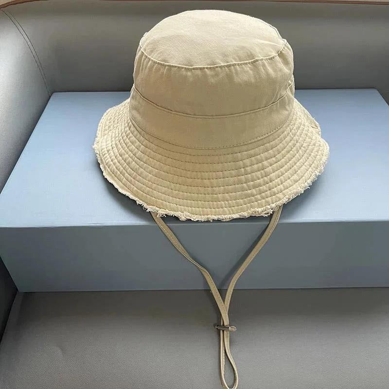Designer Fisherman Hat Personalized Trend Letters Wide Eave Cap Summer Solid Color Sunproof Hanging Rope Bucket Hat for Adults