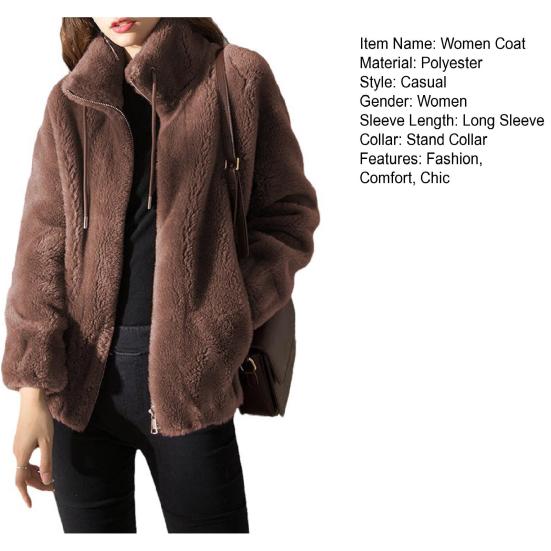 Zimní fleecová bunda pro ženy s plným zipem, stojáčkem, nadýchaná svrchní vrstva s dlouhým rukávem a kapsami