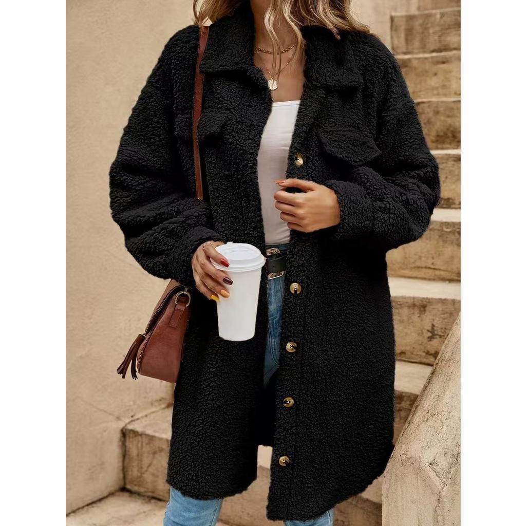 Women's Winter Long Loose Plush Coat, Turn-down Collar Buttoned Open Front Oversized Warm Overcoat for Women, European & American Style