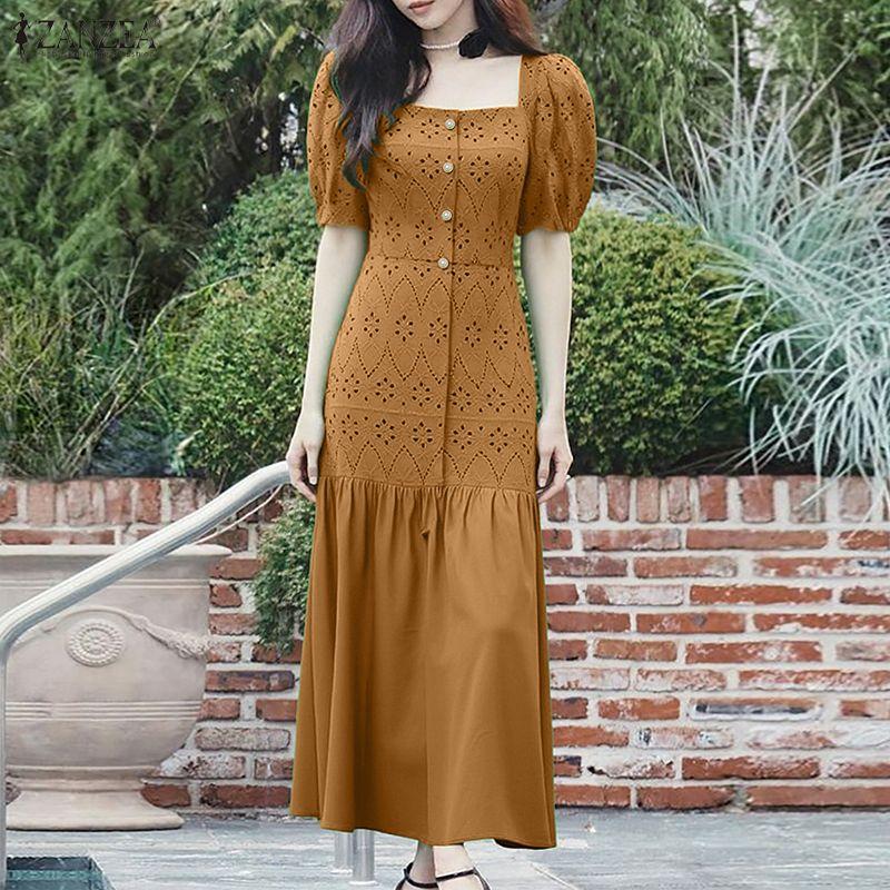 ZANZEA Women Square Collar Summer Casual Short Sleeve Crochet Dress