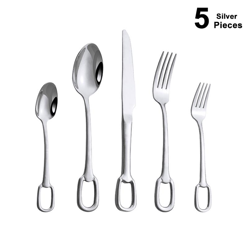 Set di Posate di Lusso da 5 Pezzi Coltello Forchetta Cucchiaio in Acciaio Inossidabile Set di Posate Elegante Set di Stoviglie Design Appendibile Logo Personalizzabile