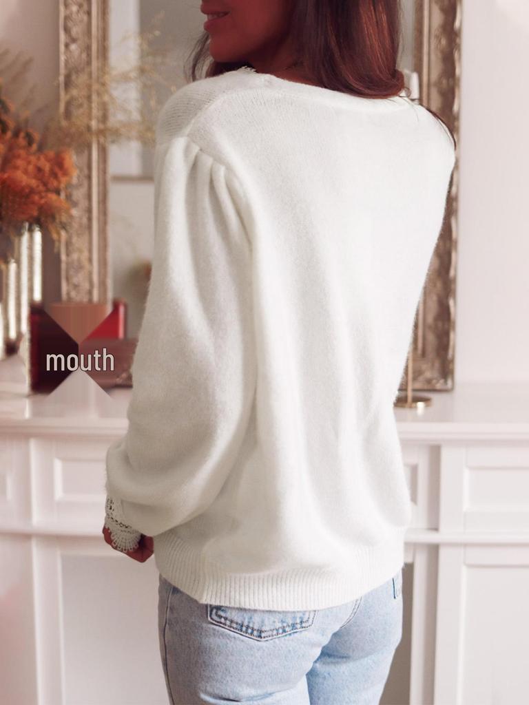 Elegant Lace Patchwork V-neck Knit Cardigan - Autumn Fashion for Women