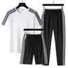 Women's Sporty Three-Piece Set: M-8XL Crew Neck, Short Sleeve with Shorts, Casual Running Attire with Three Stripes for Summer.
