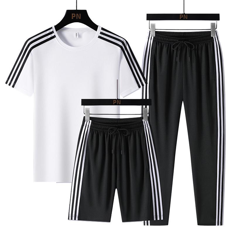 Women's Sporty Three-Piece Set: M-8XL Crew Neck, Short Sleeve with Shorts, Casual Running Attire with Three Stripes for Summer.
