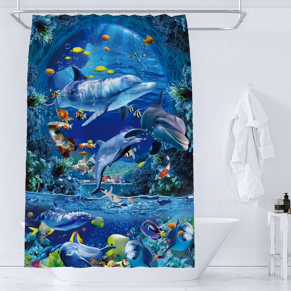 36X72 Inch Dolphin Shower Curtains Underwater World Marine Life Fabric Bath Curtain Kids Ocean Theme Bathroom Decor With Hooks