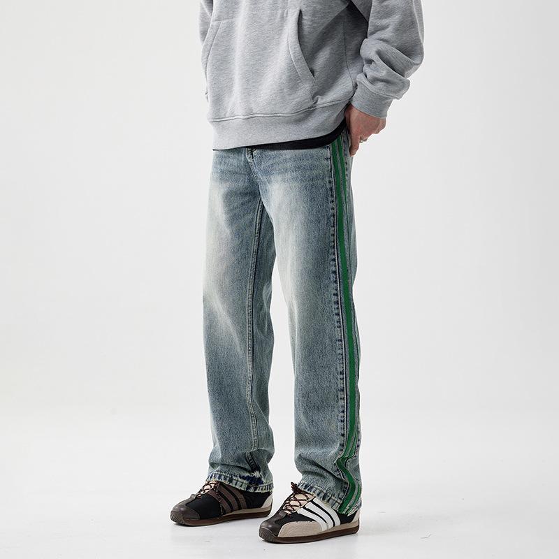 Nostalgic washed webbing striped loose wide-leg jeans men's and women's personality trendy brand American high street straight-leg pants