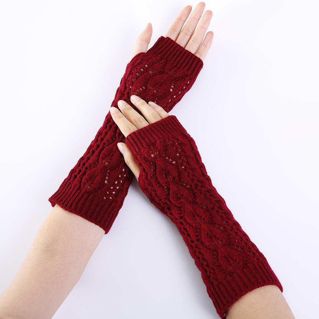 Hollowed Out Leaf Fingerless Gloves for Women's Autumn and Winter  New Mesh Warm Knitted Woolen Half Finger Arm Covers