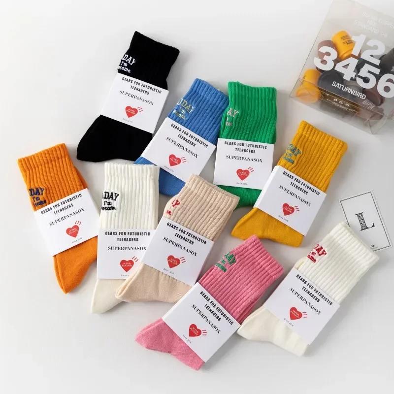 Funny Socks Cotton Embroidery Letter Today I’m Awesome Japan Korean Designer Socks Couple Mid-tube Sock Sports for Men Women