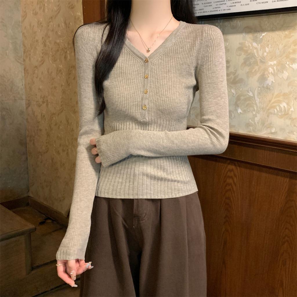 V-neck Sweater Knitted Sweater Women's Autumn New Pit Strip Long-sleeved High-end Temperament Slim-fitting Inner Bottoming Shirt