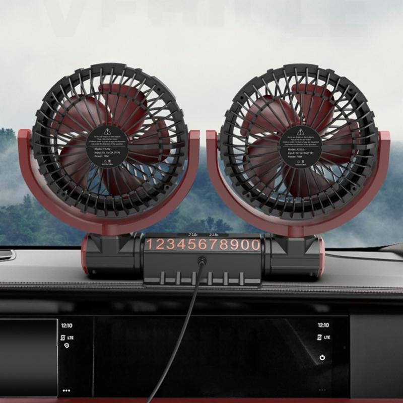 Car Fan Double Head USB Fan for Car, Vehicle Cooling Fan Brushless Motor 3 Speed, 360Rotation, for Car Dashboard