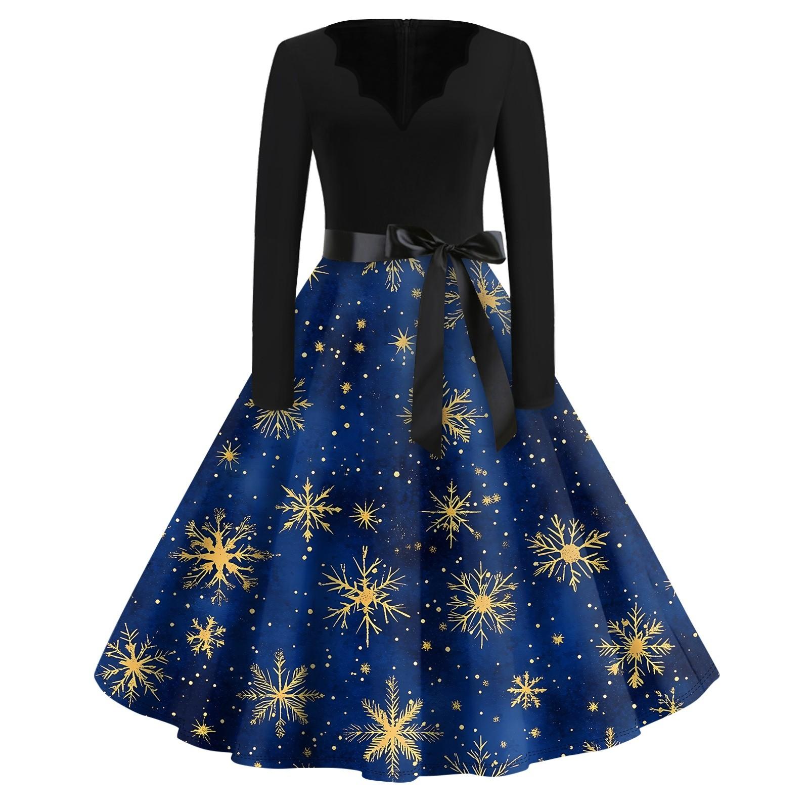 

Рождественский принт расклешенное платье для женщин платье с длинным рукавом полые вечерние повседневные платья S