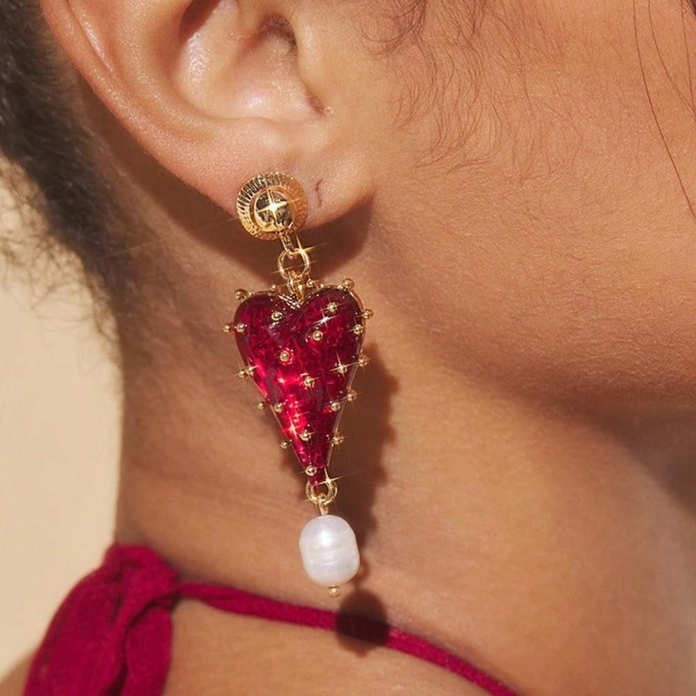 1 Pair Red Color Love Heart Earrings Heart Shape Baroque Earrings Dangle Earrings  Women Jewelry