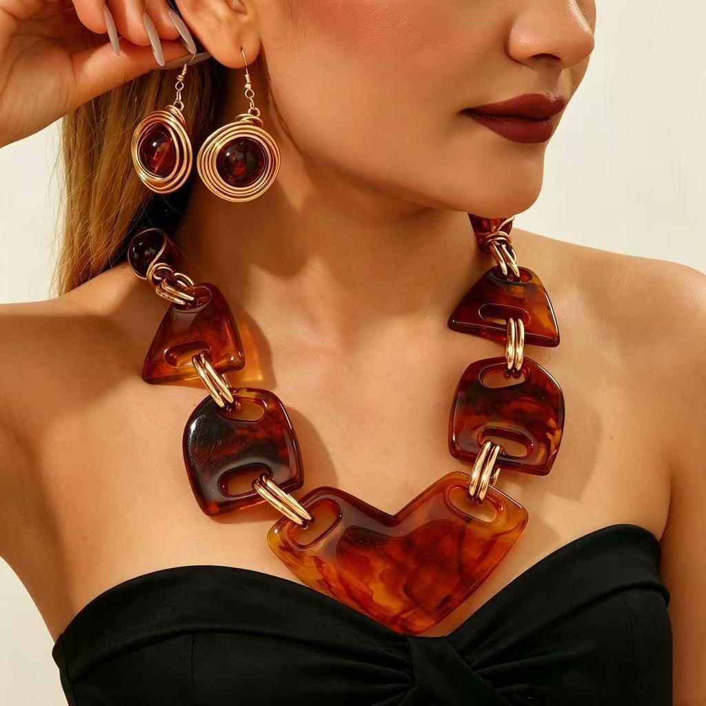 Exaggerated Geometric Irregular Resin Necklace Earring for Women's Jewelry Set