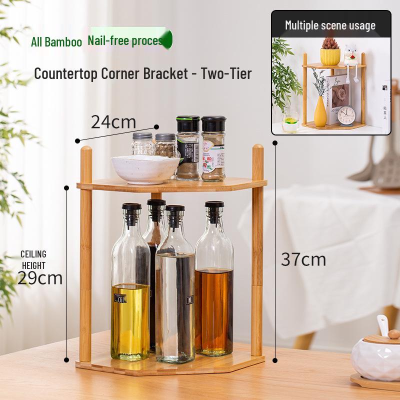 Bambusová kuchyňská rohová police: Multifunkční trojúhelníkový stojan na koření pro uložení na pracovní desku a na stůl.