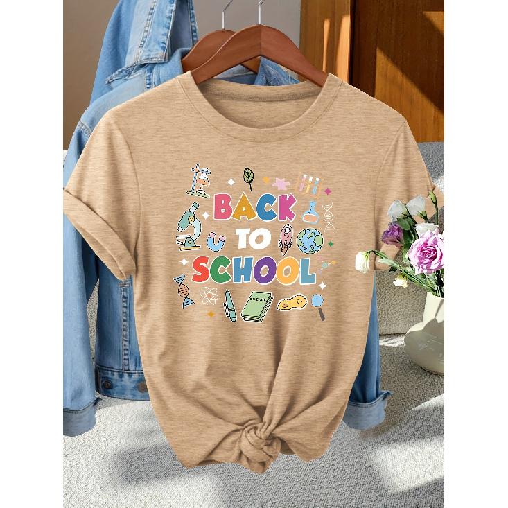 Back-to-School Season Fashionable and elegant style BACK TO SCHOOL Colorful letter pattern printed round neck short sleeve shirt T Women's