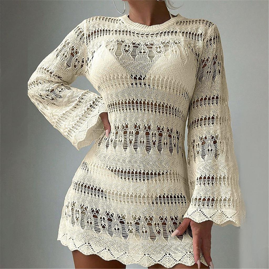 Women Crochet Beach Dress Bathing Suit Cover Up Female Long Sleeves Beach Cover Up Hollow Out Swimsuit Cover Up