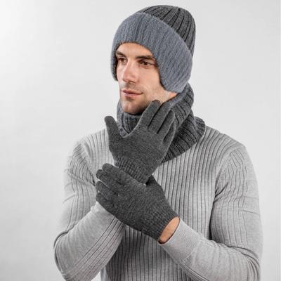 3Pcs/Set Unisex Hat Scarf Gloves Set Ear Flap Design Solid Color Beanie Hat Thermal Plush
