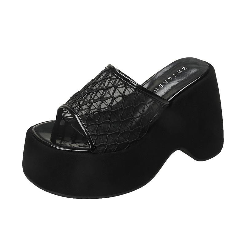 Sloping Heel Lace Mesh One-line Slippers, Summer Toe-exposing Shoes Slimming Thick-soled Cool Slippers