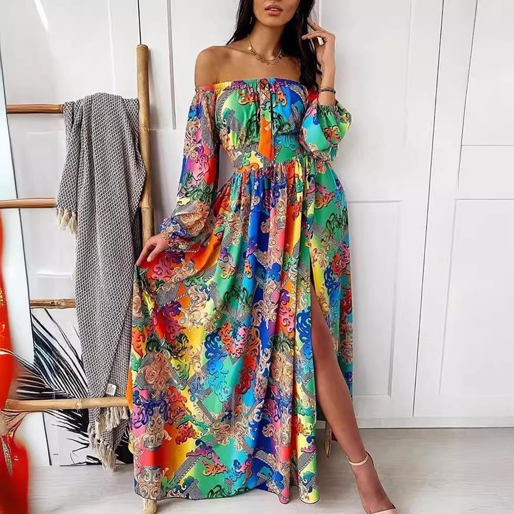

V-neck Vintage Long Sleeve Slit Dress with European & American Print 5XL