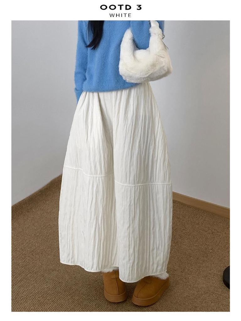 Women's High-Waisted Textured A-Line Mid-Length Skirt - Autumn/Winter Retro Pumpkin Fluffy Design