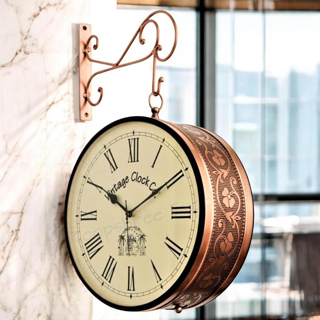 (12 INCH - Two Side Roman Numbers) Vintage Clock Handcrafted Double Side Clock , Rose Gold Finish, Floral Design, Iron