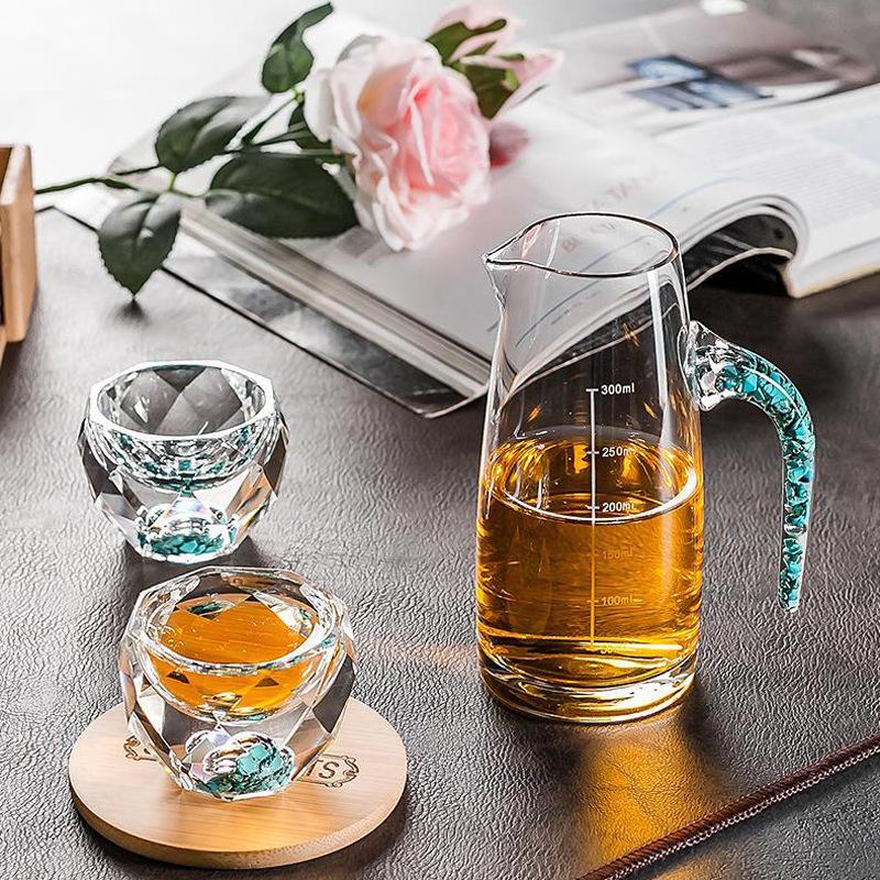 Set di bicchieri da liquore in cristallo con taglio a diamante con distributore di vino, bicchierino da shot di vodka, bicchieri da vino, whisky, liquori, sakè, brandy, tazza da tè