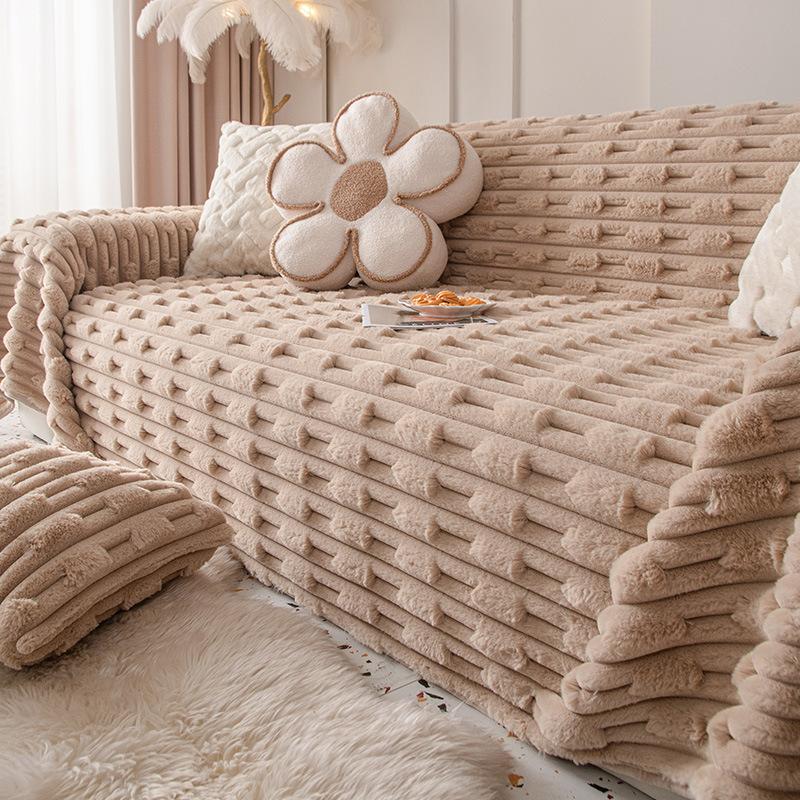 Zimní Králičí Plyšový Přehoz na Pohovku Celoplošný Látkový Zesílený Jednoduchý a Lehký Luxus Protiskluzové Sedáky